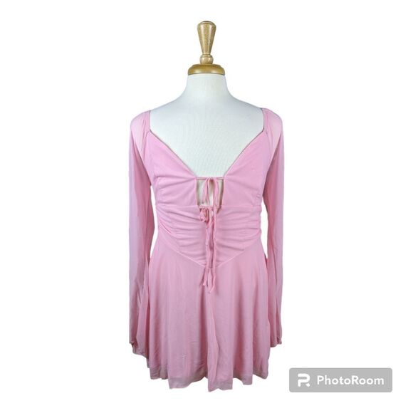 Pink Mini Dress with Tie Front and Bell Sleeve in Size XL - Picture 1 of 6